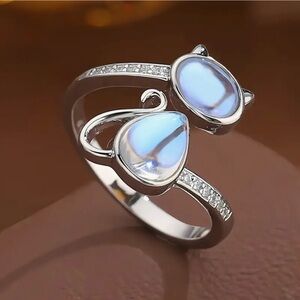 Elegant Cat Shaped Ring with Moon Stone and Rhinestone Accents Adjustable Size